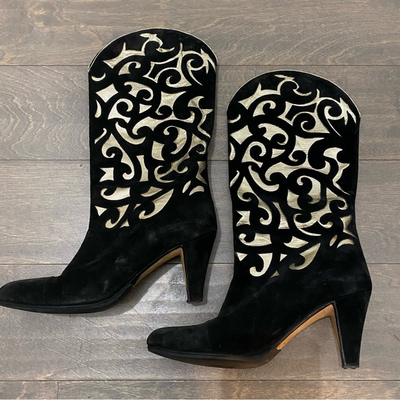 Vintage 80’s Andrea Pfister Black and Gold Cut Out Boots - Picture 5 of 11